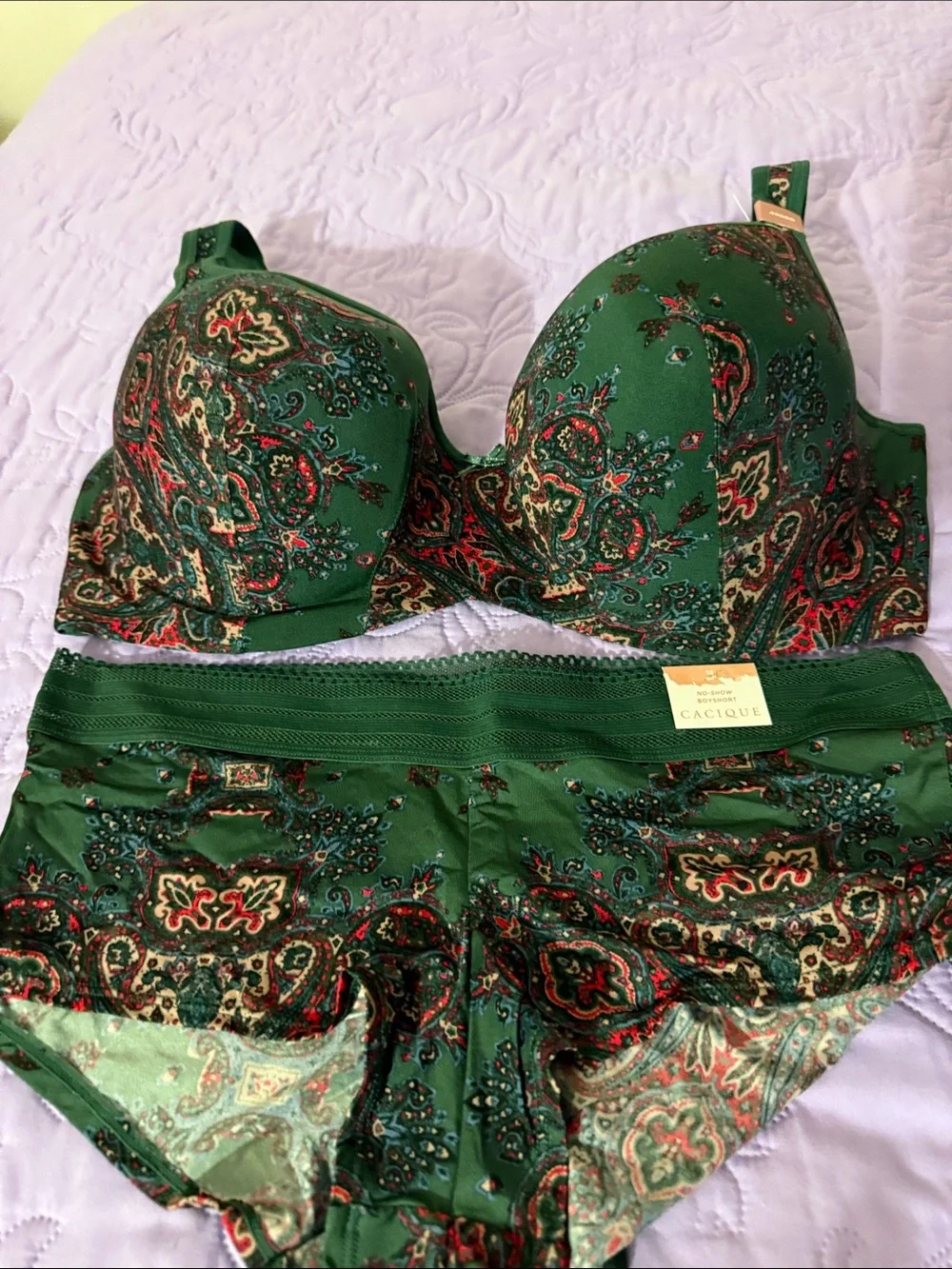 Cacique Green Paisley Sculpted Bra & Boy Short Set